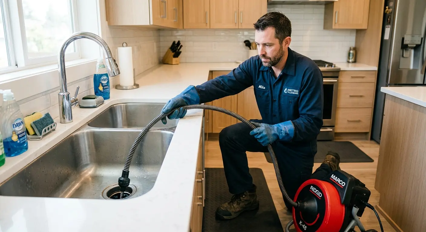 Drain cleaning technician using a motorized snake on a kitchen sink in Hidden Valley