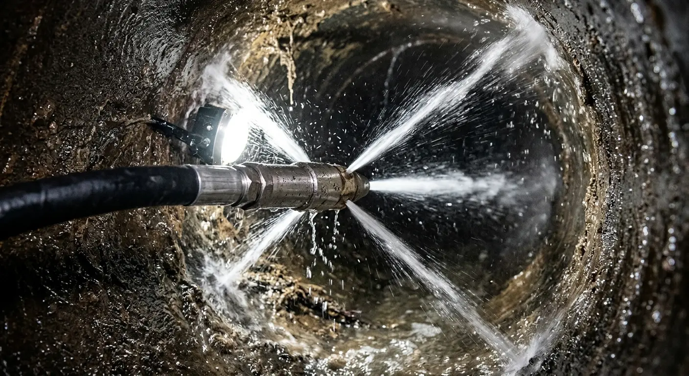High-pressure hydro jetting nozzle cleaning sewer pipe for Emergency Drain Service in Hidden Valley