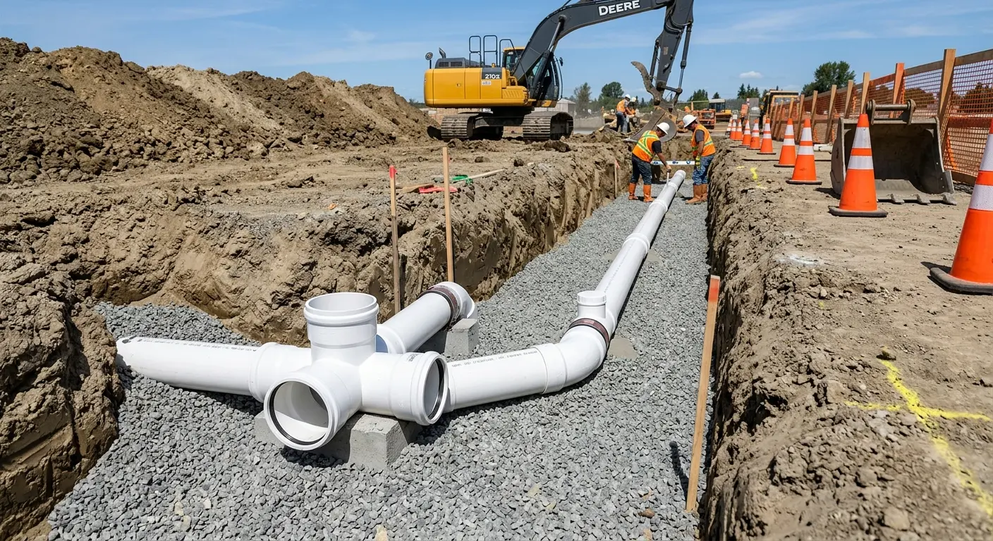 New PVC sewer pipe installation in open trench for Sewer Backup in Hidden Valley