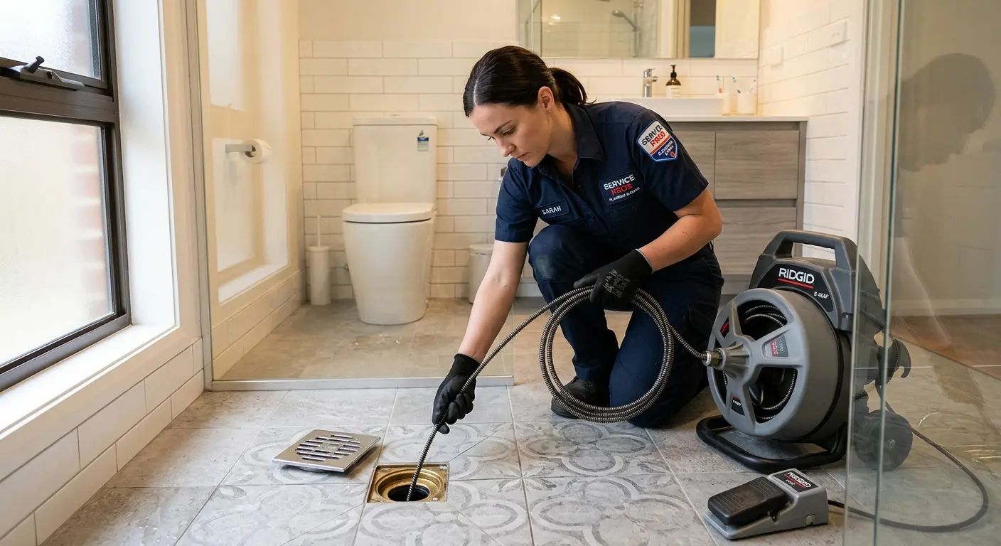 Technician clearing a bathroom floor drain for Hydro Jetting in Hidden Valley